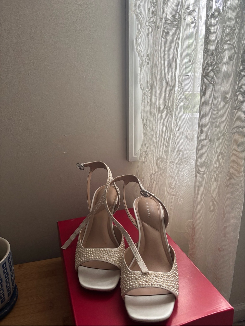 Kelly & Katie Ivory Pearl-Embellished Ankle-Strap Heels